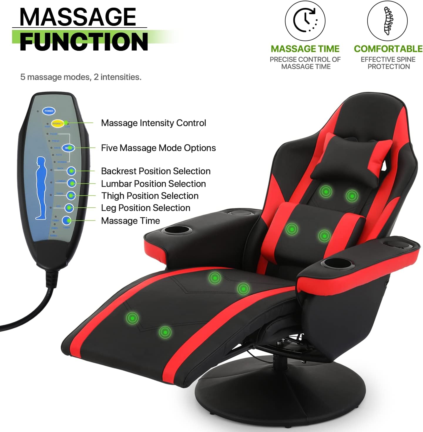 Red PU Leather 360° Swivel Massage Game Chair with Headrest and Footrest Y869082
