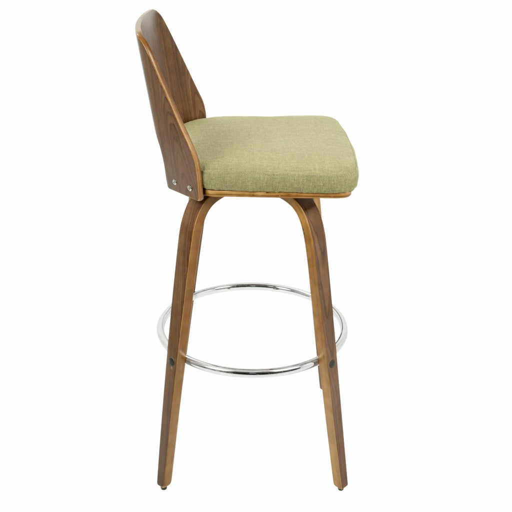 30" Mid-Century Modern Fixed Height Barstool With Swivel In Walnut And Green Fabric - Set Of 2 K6449