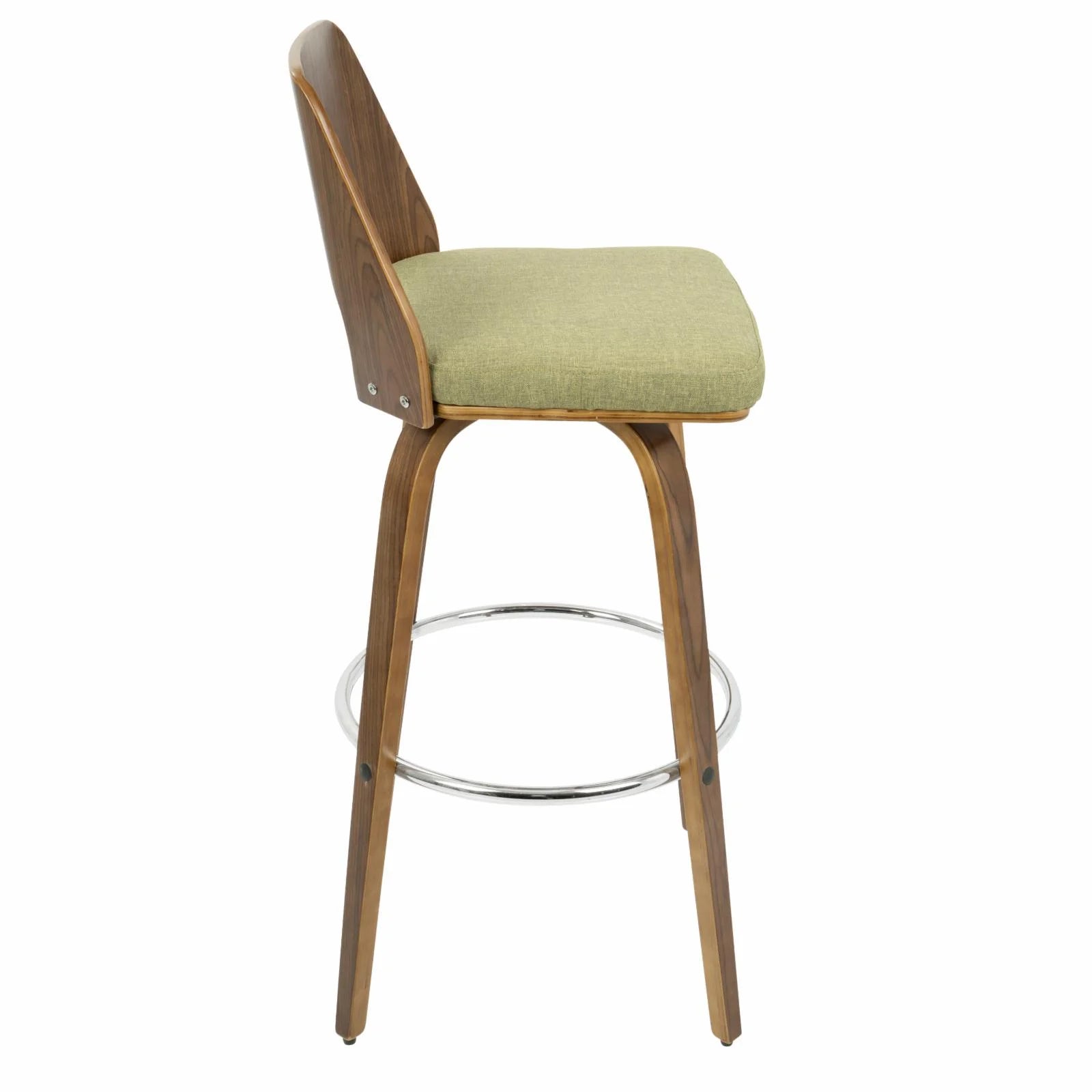 30" Mid-Century Modern Fixed Height Barstool With Swivel In Walnut And Green Fabric - Set Of 2 K6449