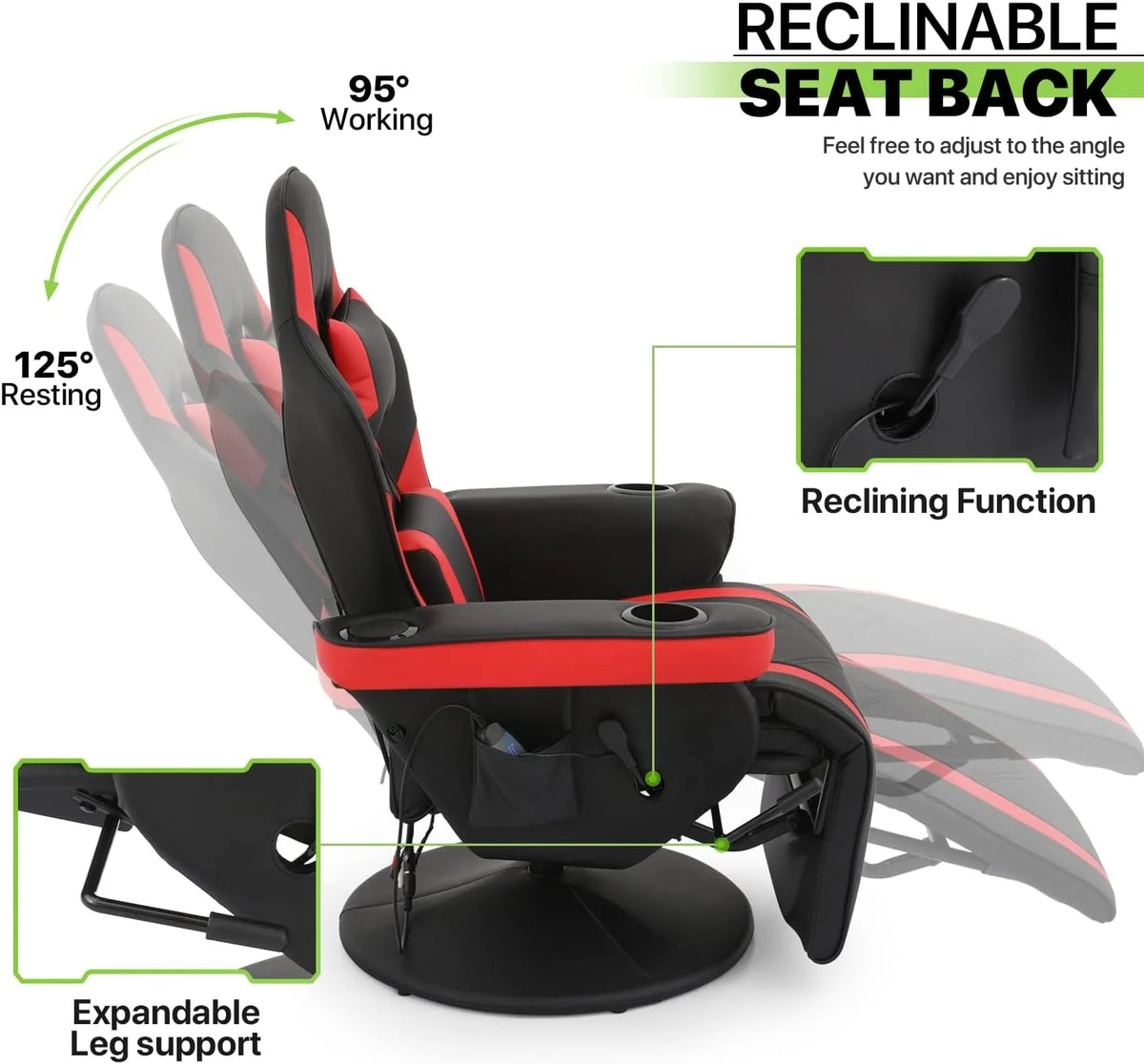 Red PU Leather 360° Swivel Massage Game Chair with Headrest and Footrest Y869082