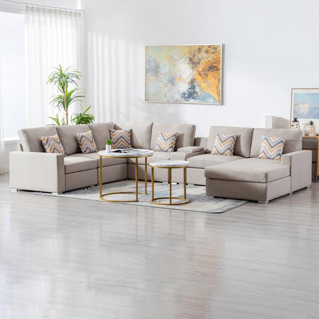 Beige Fabric Reversible Sectional with Charging Port and Storage Console H67833