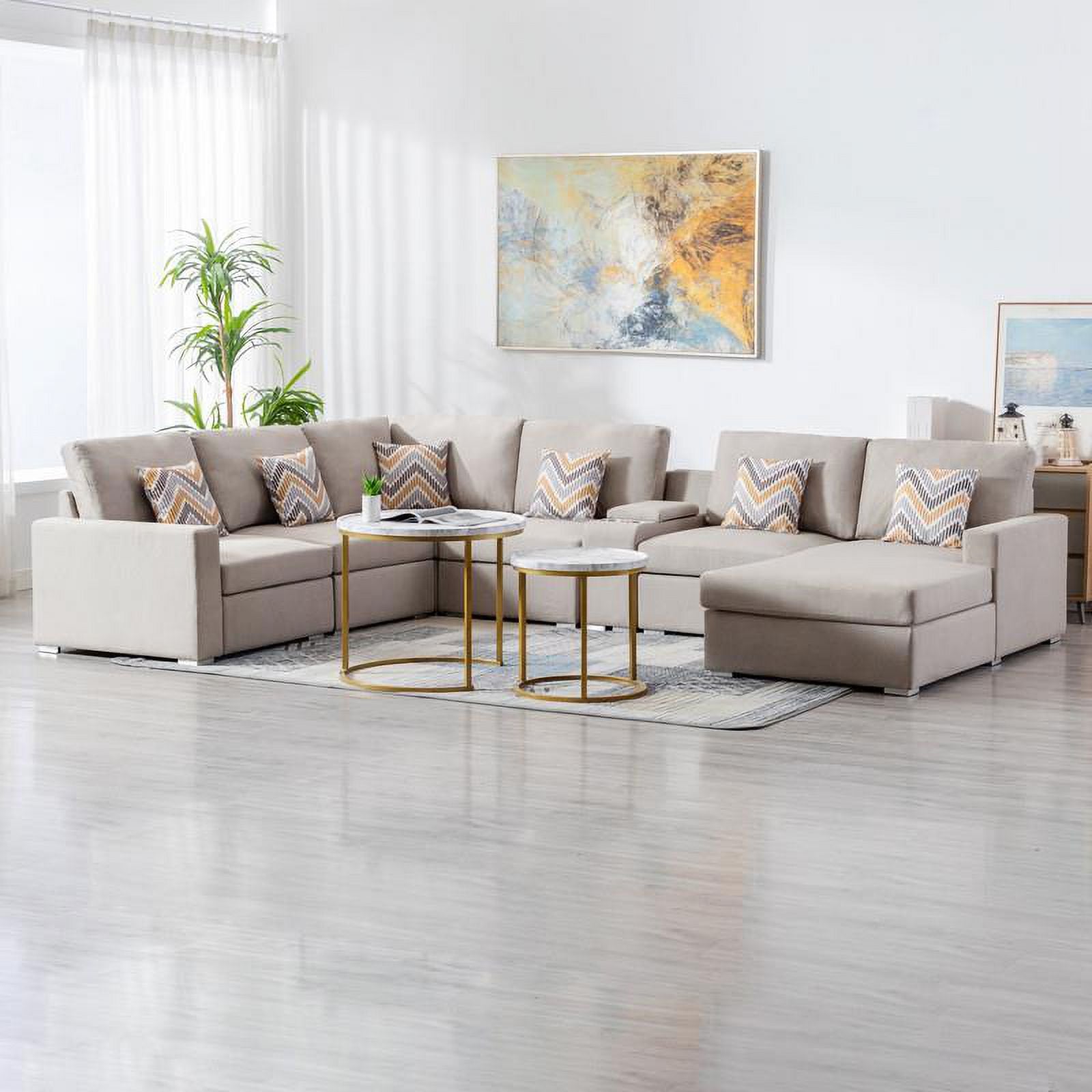 Beige Fabric Reversible Sectional with Charging Port and Storage Console H67833