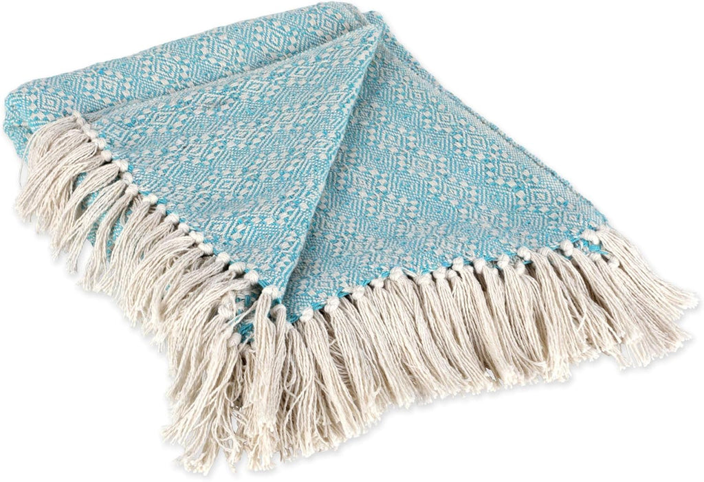 Aqua Cotton Diamond Patterned Blanket Throw with Fringe, 50 x 60 J5333