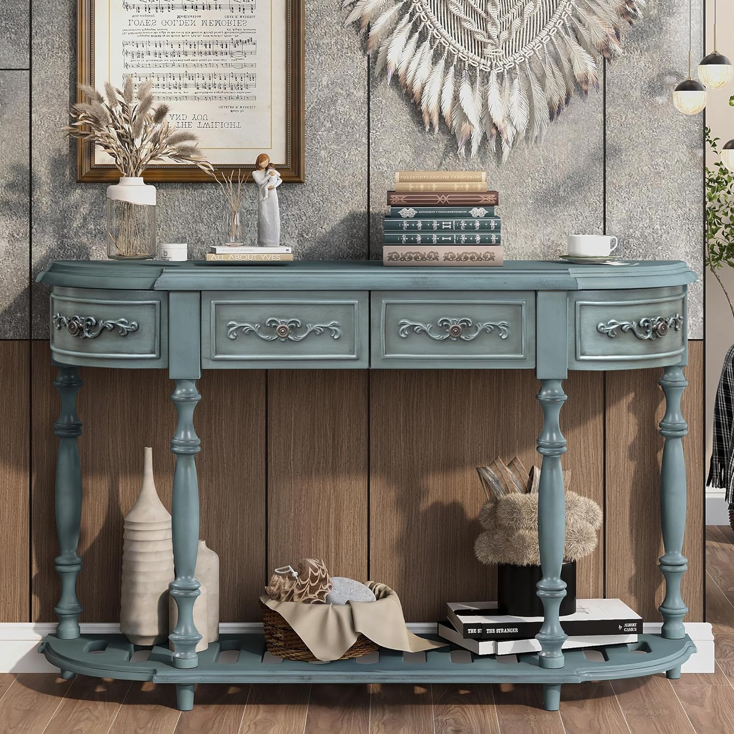 Antique Blue Wood Curved Console Table with Drawers & Shelf V689