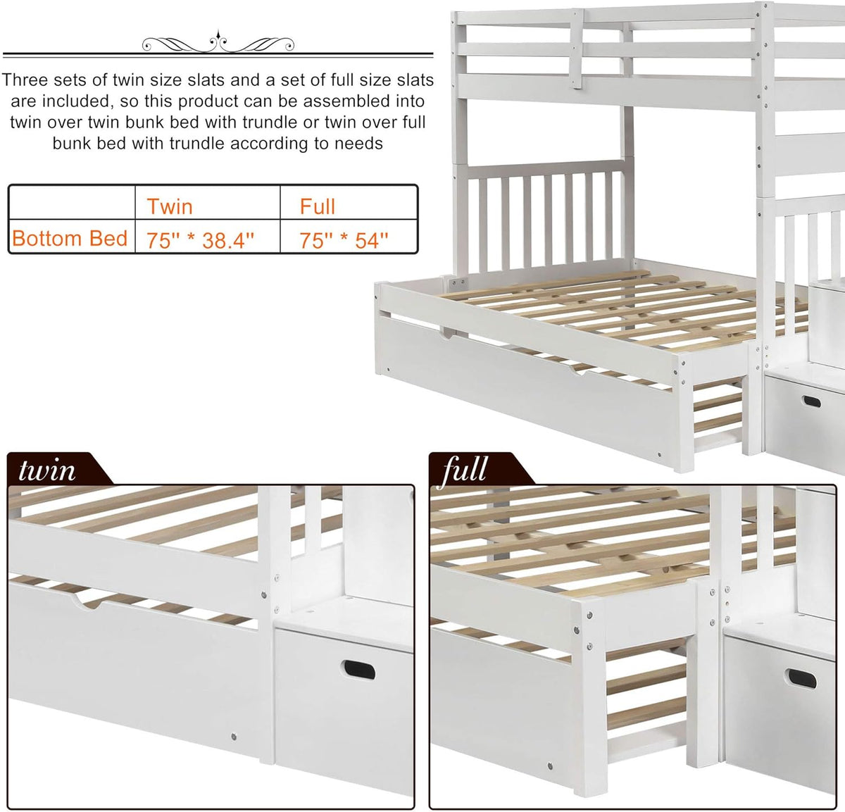 White Twin Over Twin Bunk with Trundle, 4 Drawers, and 3 Shelves Y7560