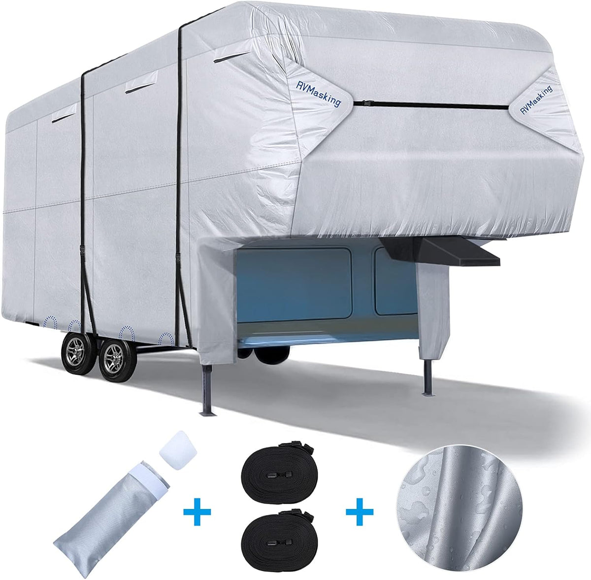 RV 5th Wheel Cover with Adhesive Repair Patch, Ripstop Waterproof, Fits 31'1"-34' L, Pack of 2 M238