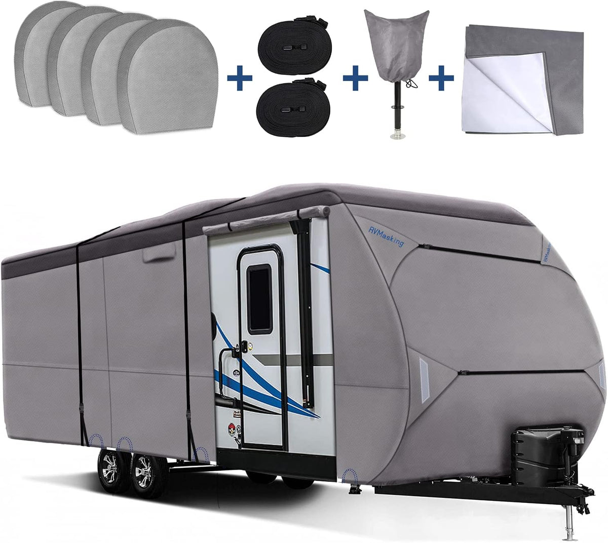 Upgraded Waterproof 500D Travel Trailer Cover with 4 Tire Covers, Tongue Jack Cover B179917