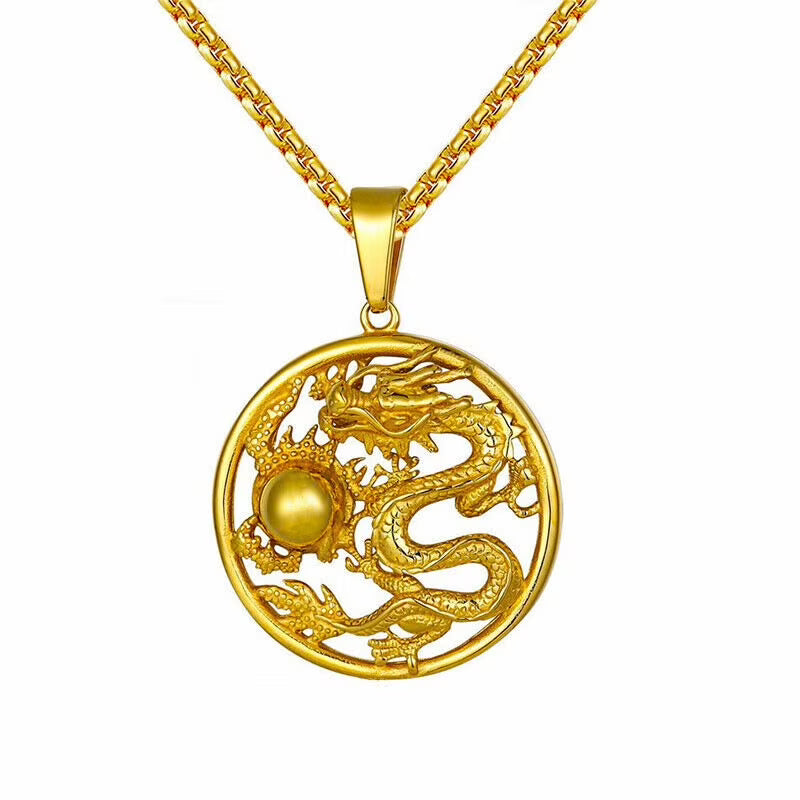 18k Gold Figaro Chain Necklace with Dragon Pendant F6968