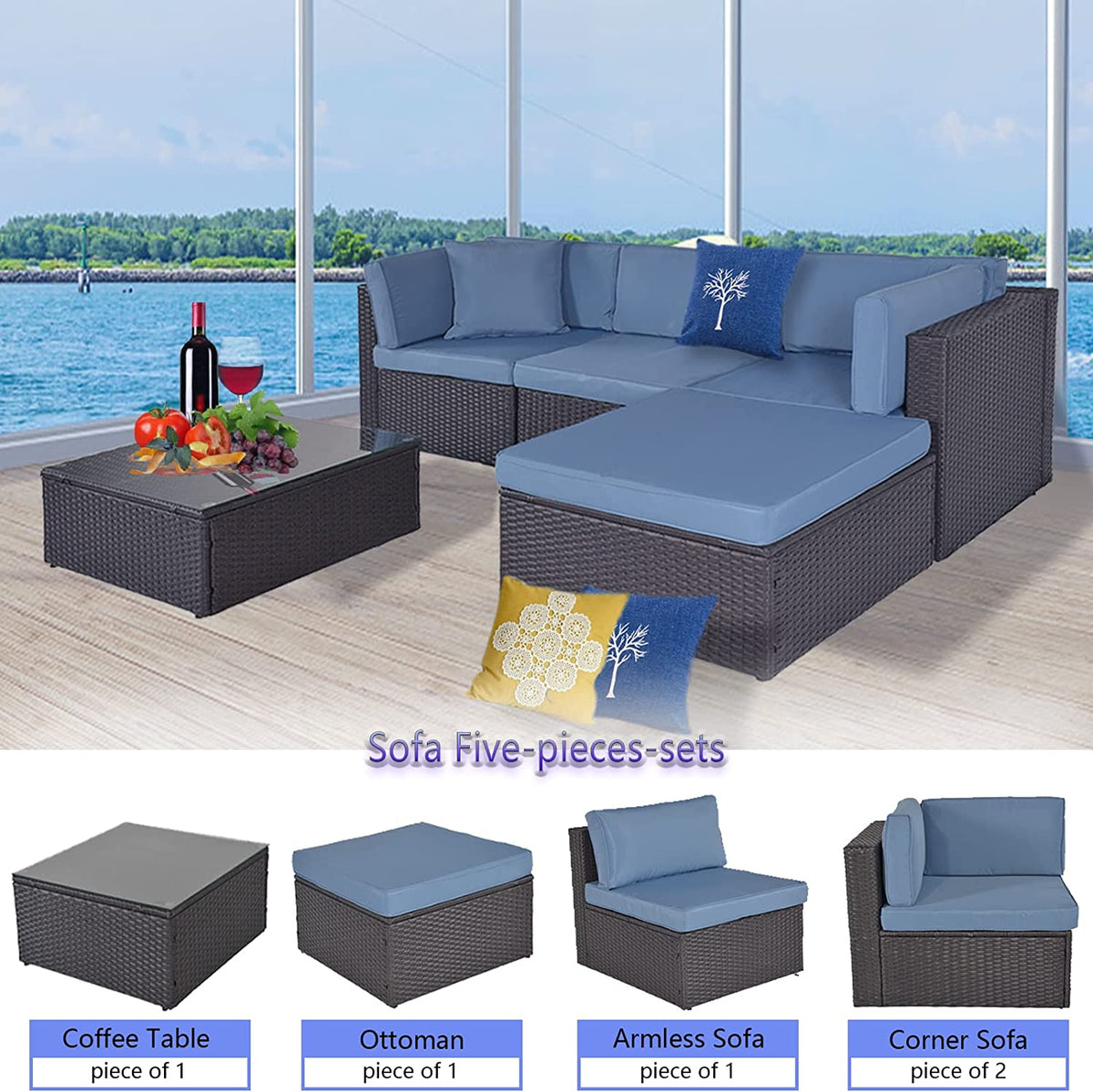 Outdoor Patio Furniture Sets Sectional Wicker Couch Sofa Seating 5PCS K848998