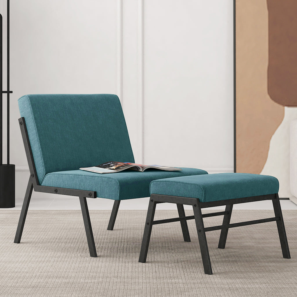 Green Linen Accent Chair with Ottoman U519794